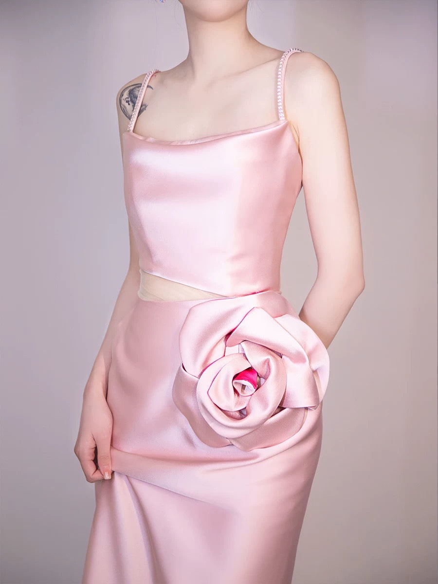 Simple A-line Spaghetti Straps Satin Pink Long Evening Dress Prom Dress HZ1024