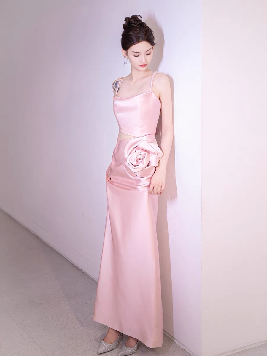 Simple A-line Spaghetti Straps Satin Pink Long Evening Dress Prom Dress HZ1024
