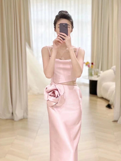 Simple A-line Spaghetti Straps Satin Pink Long Evening Dress Prom Dress HZ1024