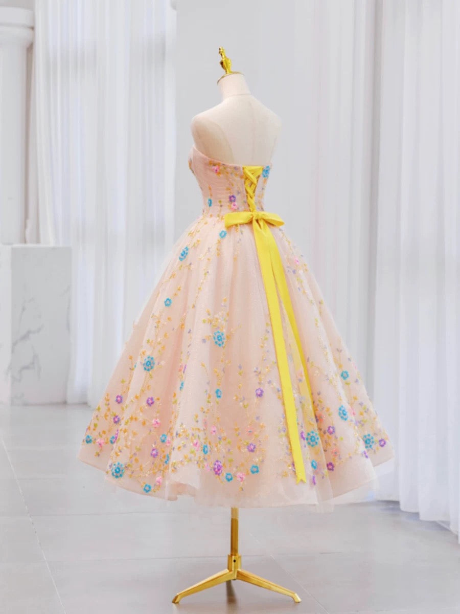 Cute Ball Gown Strapless Flowers Pink Evening Dress Prom Dress HZ1024