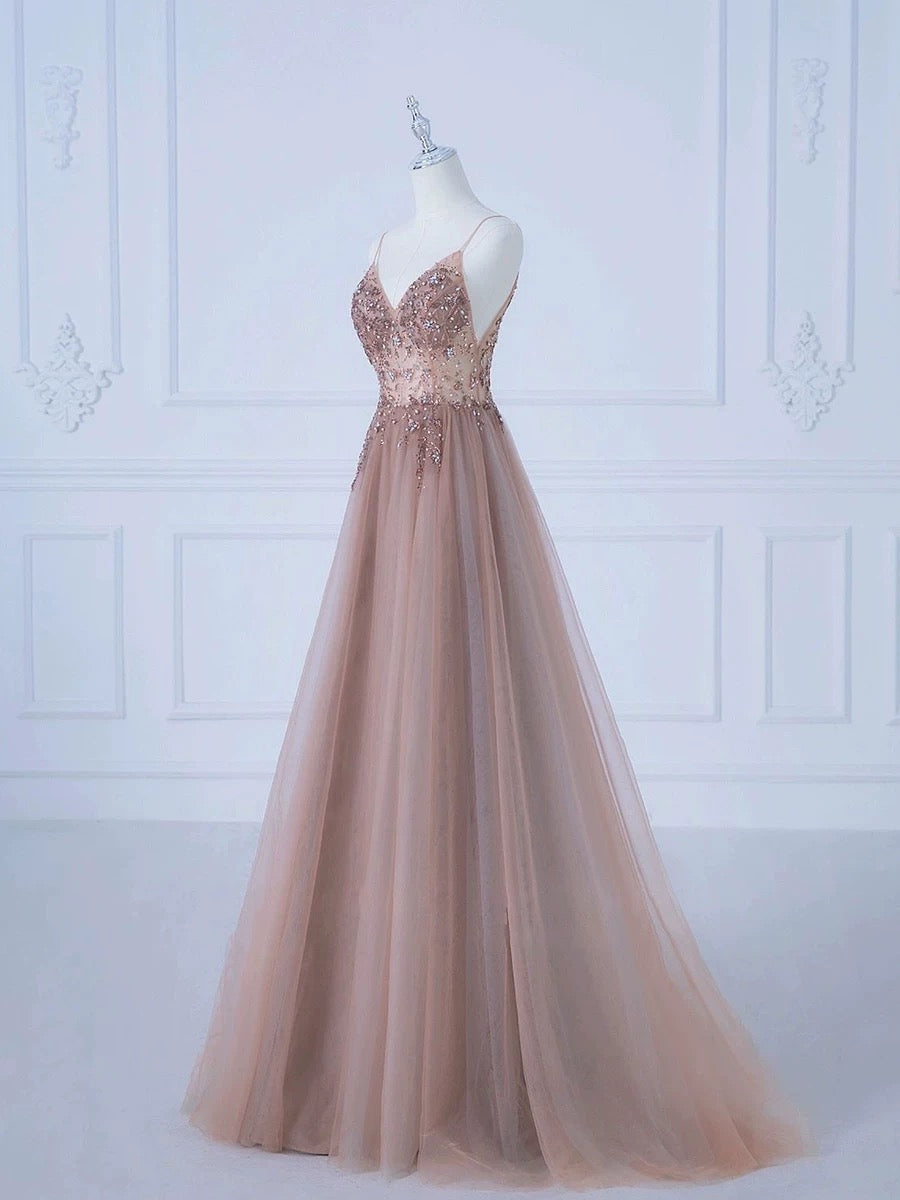 Elegant A-Line Spaghetti Straps Tulle Long Prom Dress Evening Dress HZ1024