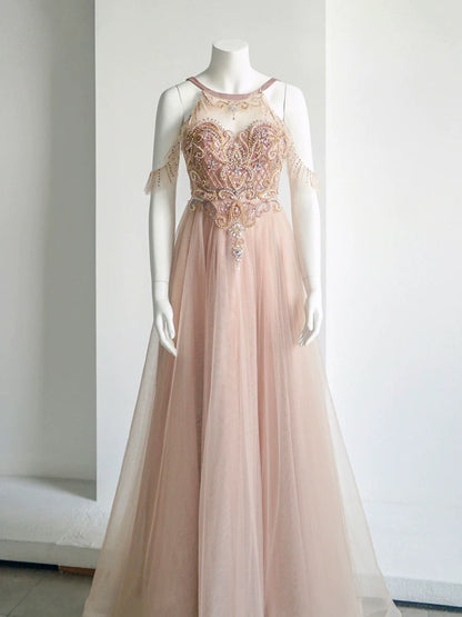 Elegant A-Line Jewel Neckline Tulle Long Prom Dress Evening Dress HZ1024
