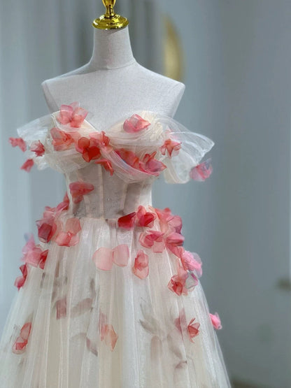 Elegant A-Line Off The Shoulder Flowers Tulle Long Prom Dress Evening Dress HZ1024