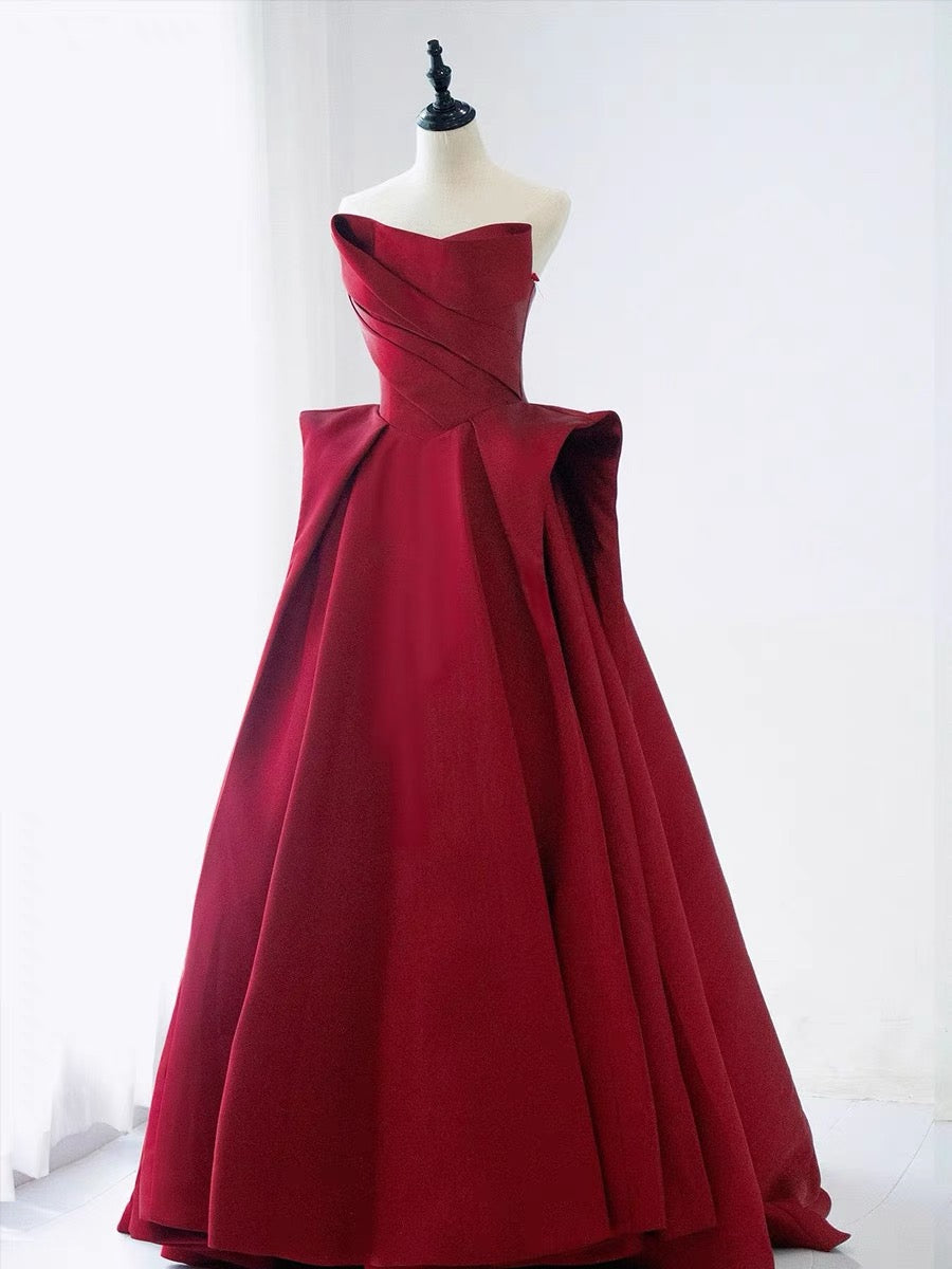 Elegant Ball Gown Strapless Burgundy Satin Long Prom Dress Evening Dresses HZ1024