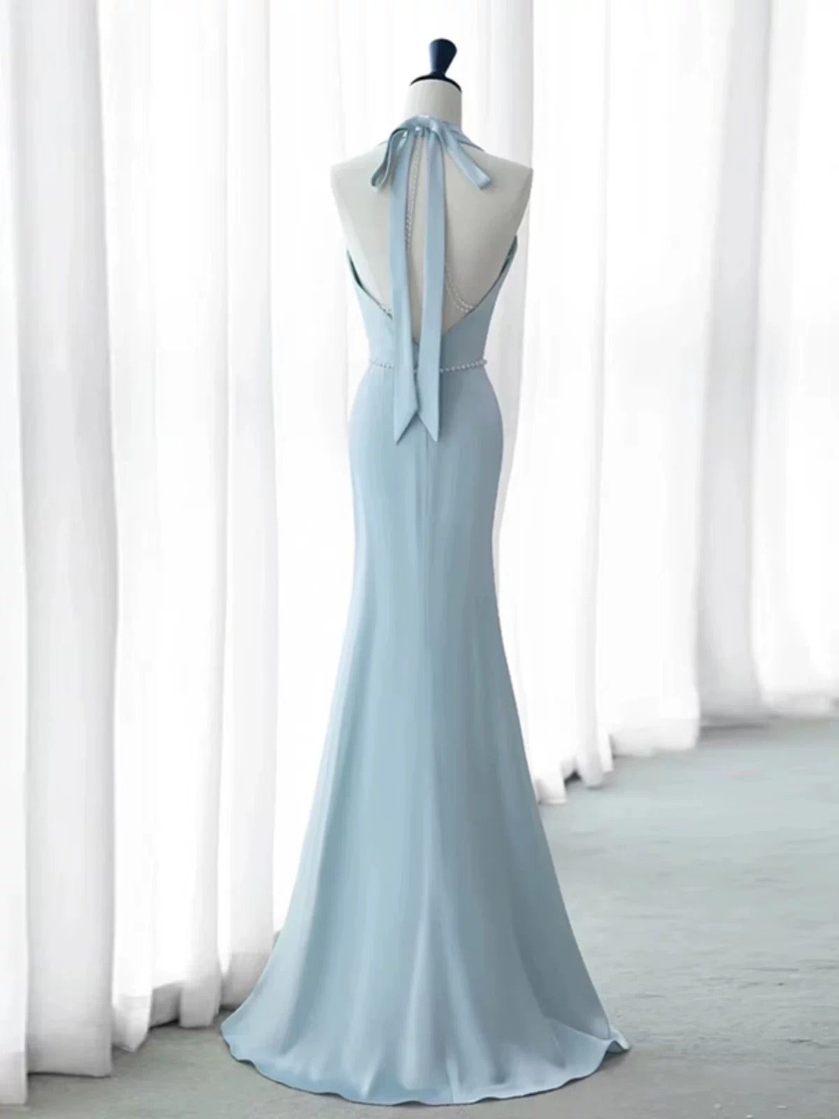 Elegant Mermaid V Neckline Blue Backless Pearls Long Prom Dress Evening Dresses HZ1024