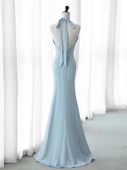 Elegant Mermaid V Neckline Blue Backless Pearls Long Prom Dress Evening Dresses HZ1024