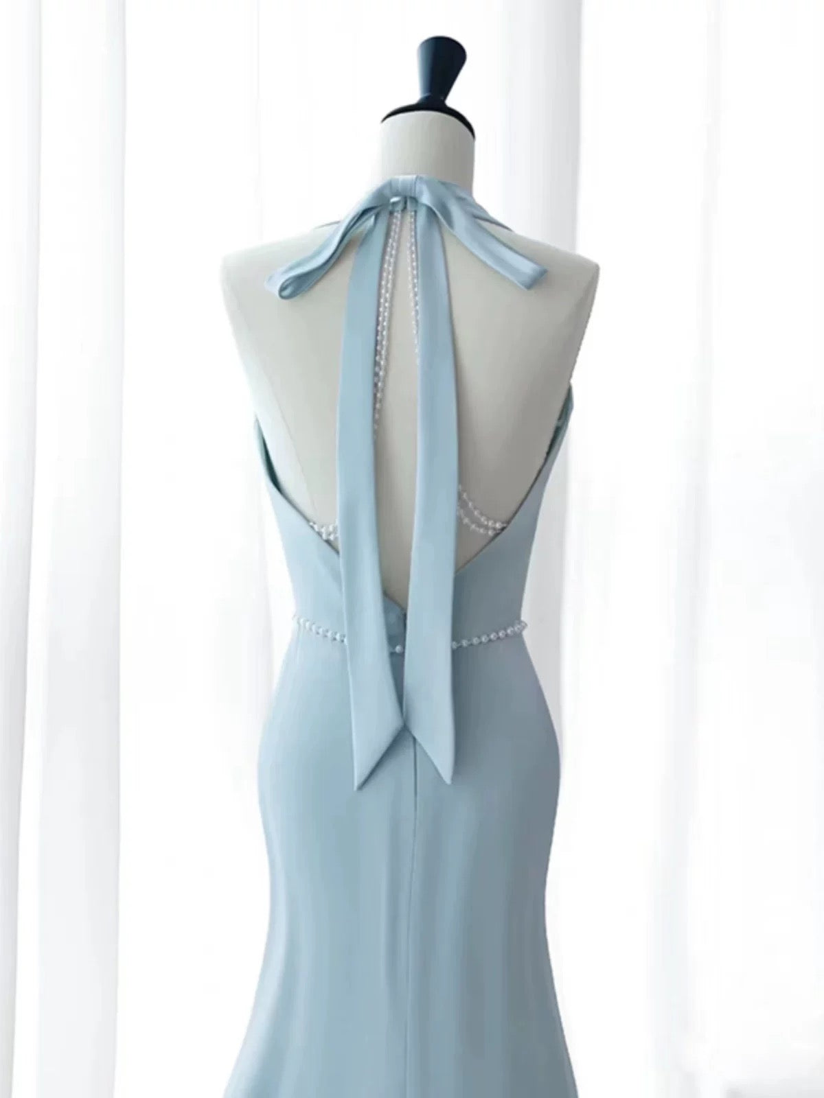 Elegant Mermaid V Neckline Blue Backless Pearls Long Prom Dress Evening Dresses HZ1024