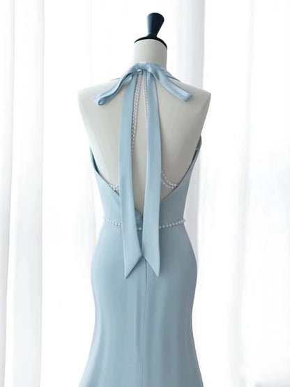 Elegant Mermaid V Neckline Blue Backless Pearls Long Prom Dress Evening Dresses HZ1024
