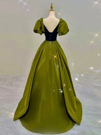 Elegant Ball Gown V Neckline Olive Green Satin Long Prom Dress Evening Dresses HZ1024