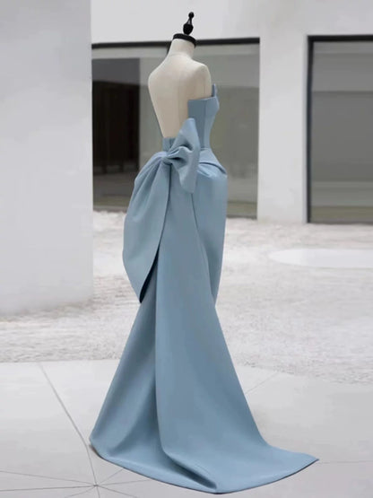 Pretty Sheath Strapless Blue Satin Long Prom Dress Evening Dresses With Bow HZ1024