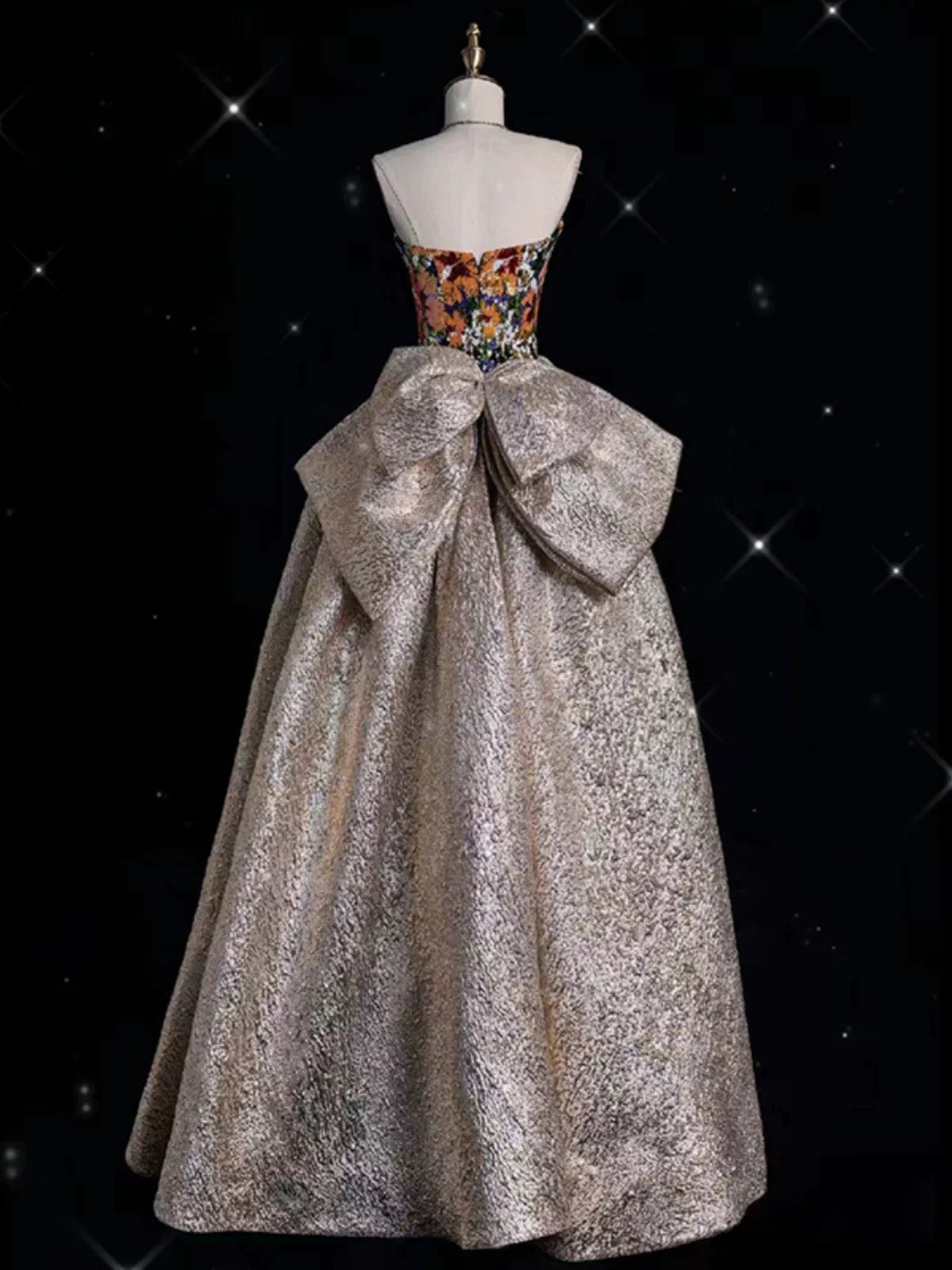 Pretty Ball Gown Strapless Floral Satin Long Prom Dress Evening Dresses With Bowknot HZ1024