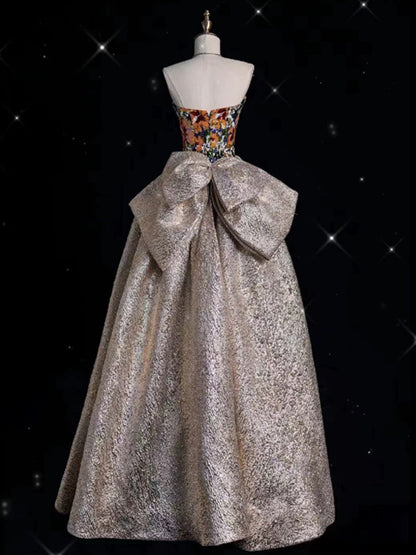 Pretty Ball Gown Strapless Floral Satin Long Prom Dress Evening Dresses With Bowknot HZ1024