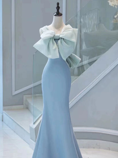 Pretty Mermaid Strapless Blue Satin Long Prom Dress Evening Dresses With Bow HZ1024