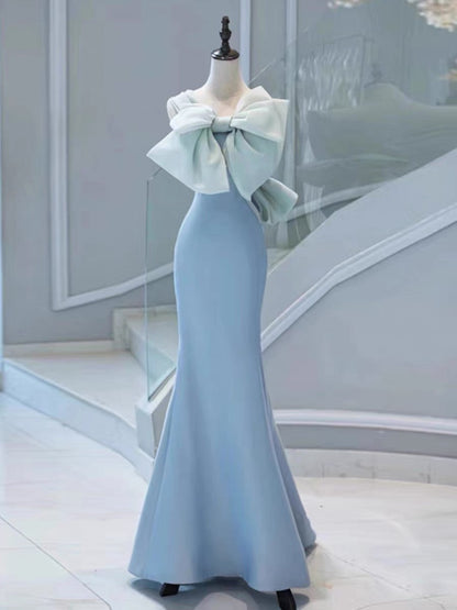 Pretty Mermaid Strapless Blue Satin Long Prom Dress Evening Dresses With Bow HZ1024
