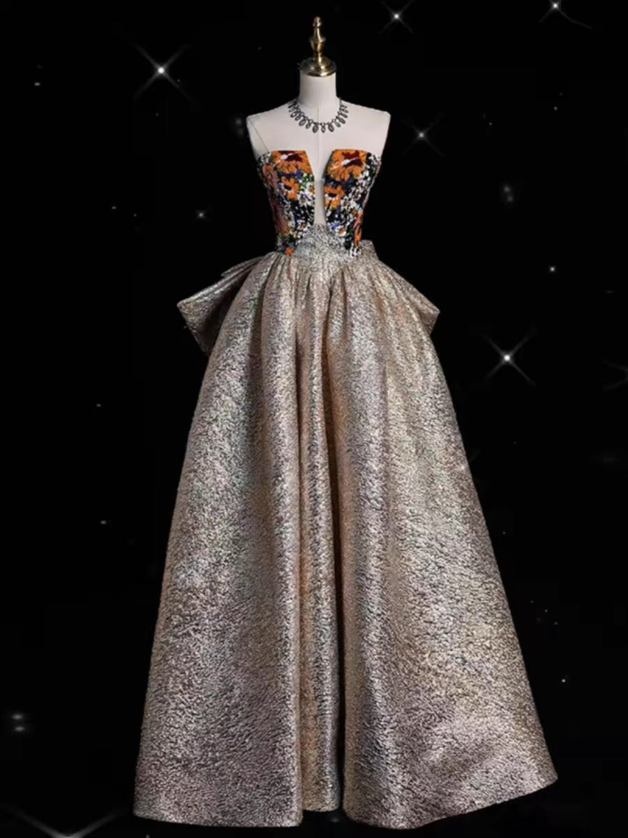Pretty Ball Gown Strapless Floral Satin Long Prom Dress Evening Dresses With Bowknot HZ1024