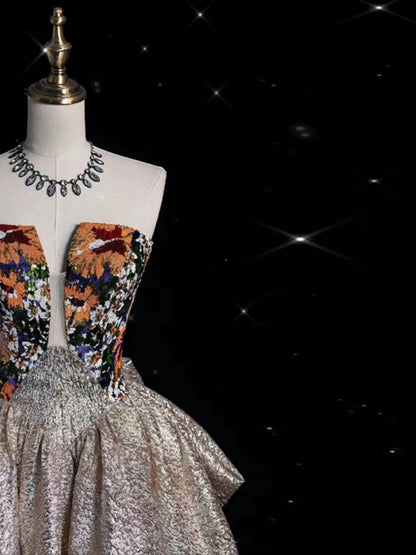 Pretty Ball Gown Strapless Floral Satin Long Prom Dress Evening Dresses With Bowknot HZ1024