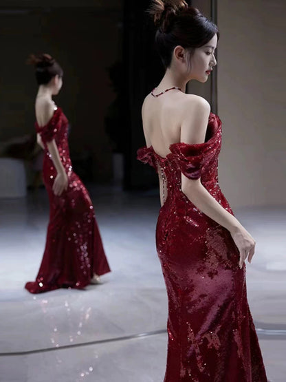 Elegant Mermaid Off The Shoulder Burgundy Sequin Long Prom Dress Evening Dresses HZ1024