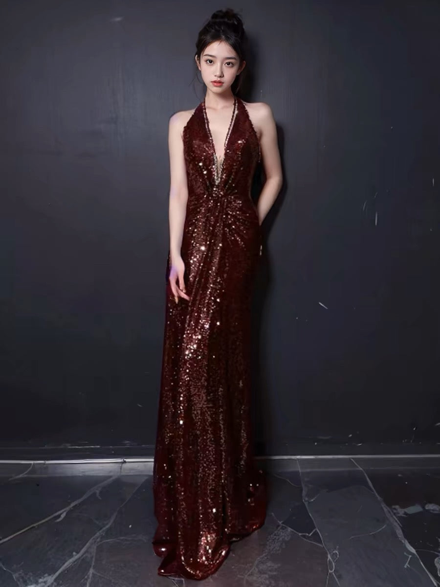 Sexy Mermaid V Neckline Burgundy Sequin Prom Dresses Evening Dress With Beads HZ1024