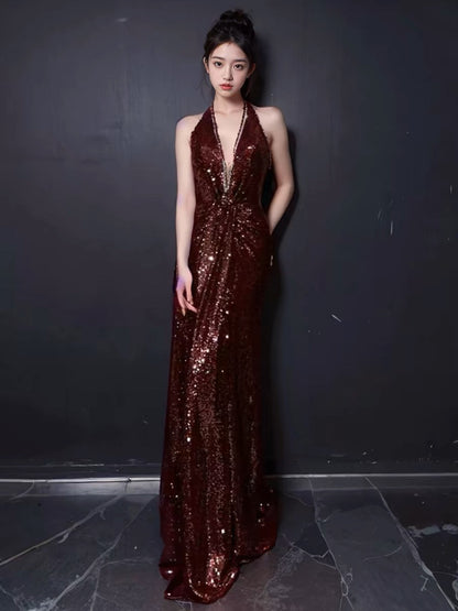 Sexy Mermaid V Neckline Burgundy Sequin Prom Dresses Evening Dress With Beads HZ1024