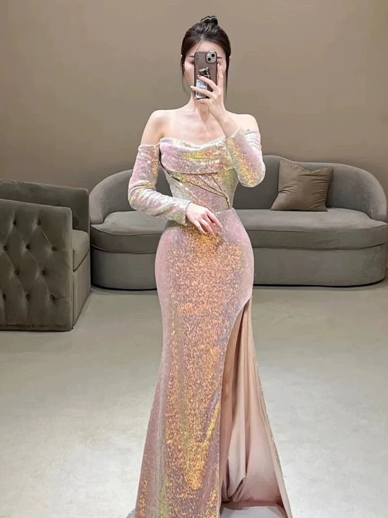 Elegant Mermaid Strapless Pink Slit Sequin Long Prom Dress Evening Dresses HZ1024