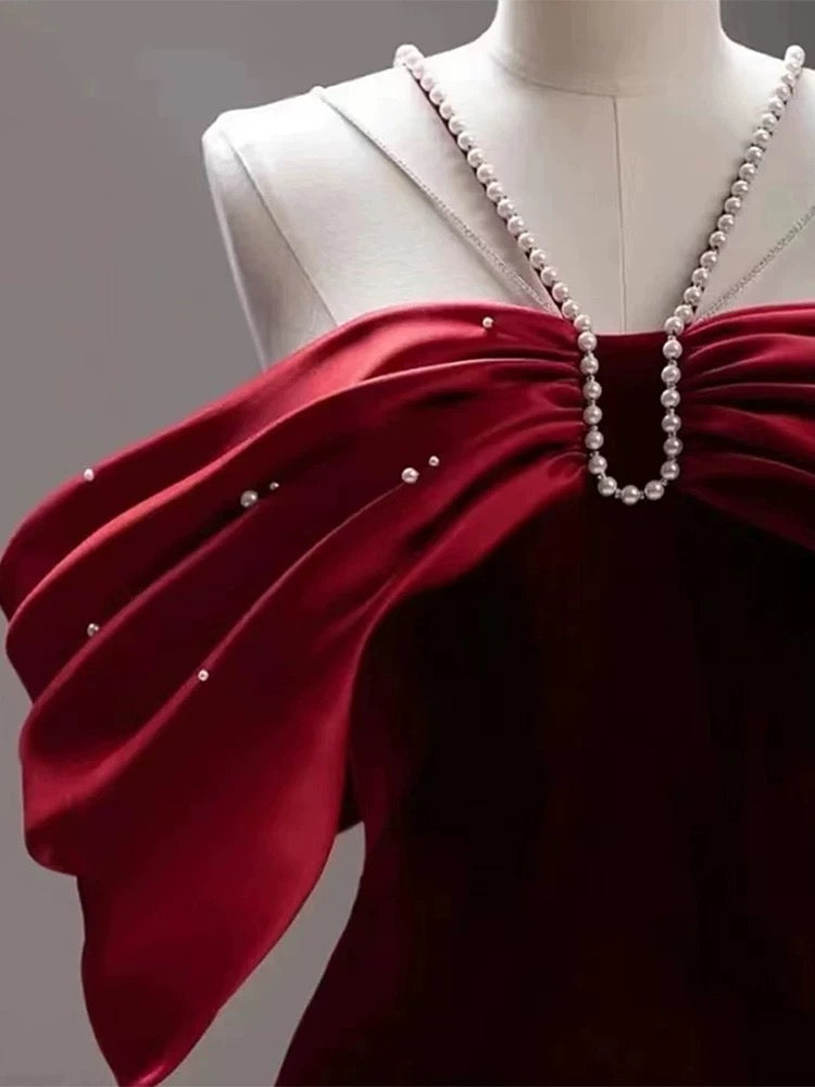 Elegant Mermaid Off The Shoulder Halter Burgundy Long Prom Dress Evening Dresses HZ1024