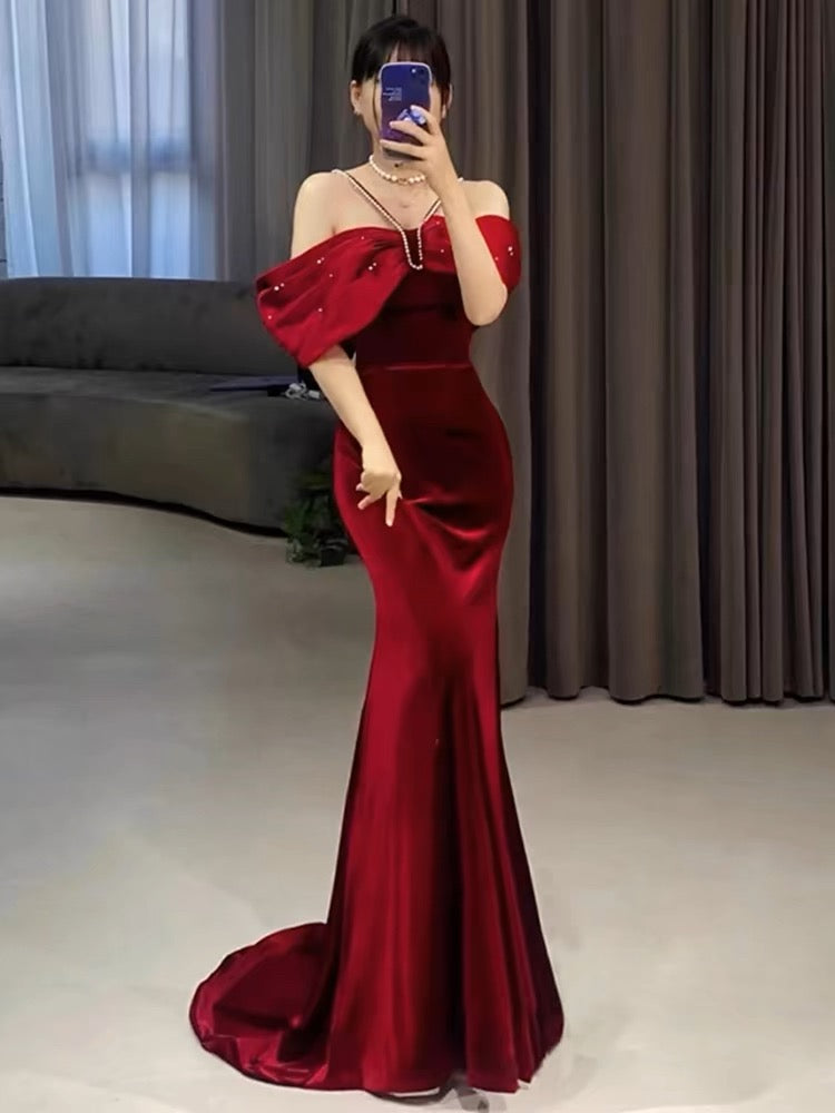 Elegant Mermaid Off The Shoulder Halter Burgundy Long Prom Dress Evening Dresses HZ1024