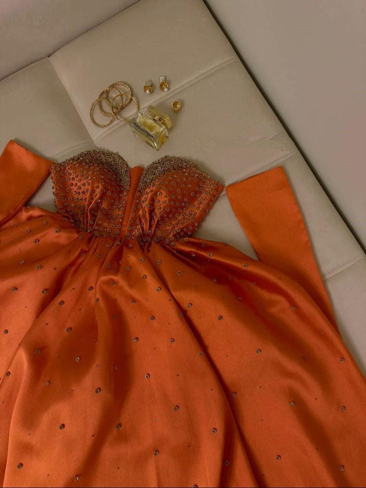 Classy A line Sweetheart Long Sleeves Orange Long Satin Party Dress Prom Dresses Evening Dress HZ1024