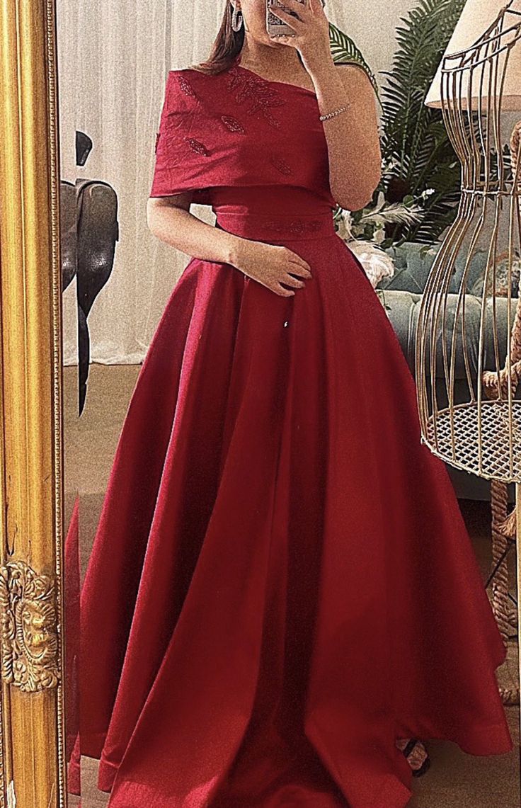 Classy A line One Shoulder Half Sleeves Red Long Party Dress Prom Dresses Evening Dress HZ1024