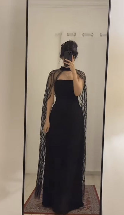 Elegant A Line Strapless Black Satin Prom Dress Evening Dresses With Cape HZ1024
