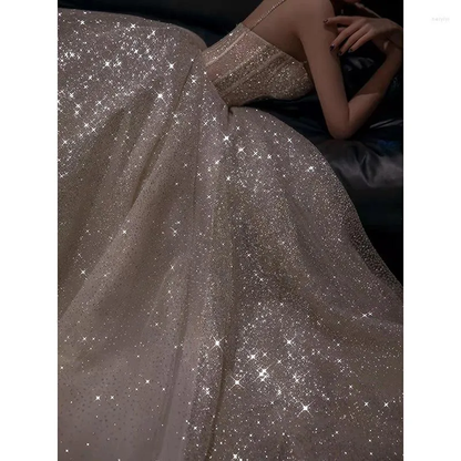 Pretty A Line Spaghetti Straps Silver Sequin Long Prom Dress Evening Dresses HZ1024