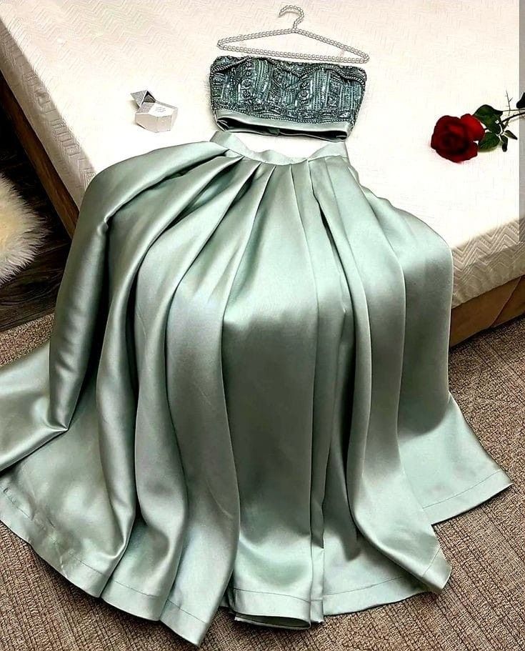 Elegant A Line 2 Pieces Strapless Mint Green Satin Long Prom Dress Evening Dresses With Beads HZ1024