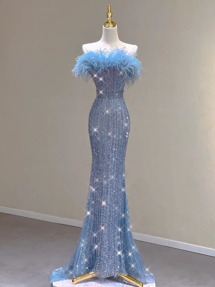 Pretty Mermaid Strapless Sequin Long Evening Dress Prom Dresses With Feather HZ1024