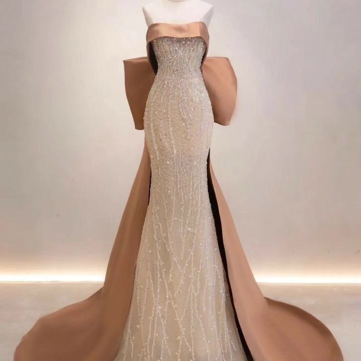 Pretty Mermaid Strapless Satin Long Evening Dress Sequin Prom Dresses With Bow HZ1024