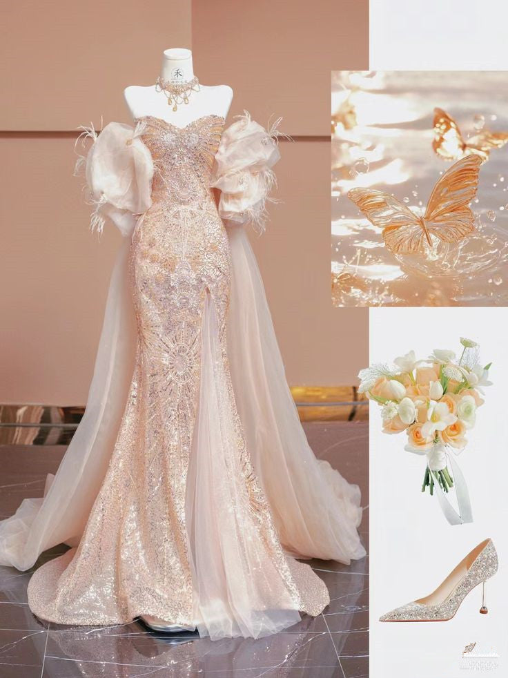 Pretty Mermaid Sweetheart Sequin Long Evening Dress Prom Dresses With Sleeves HZ1024