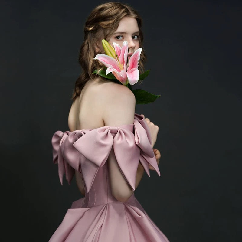 Elegant A line Off The Shoulder Satin Pink Evening Dress Long Prom Dresses HZ1024