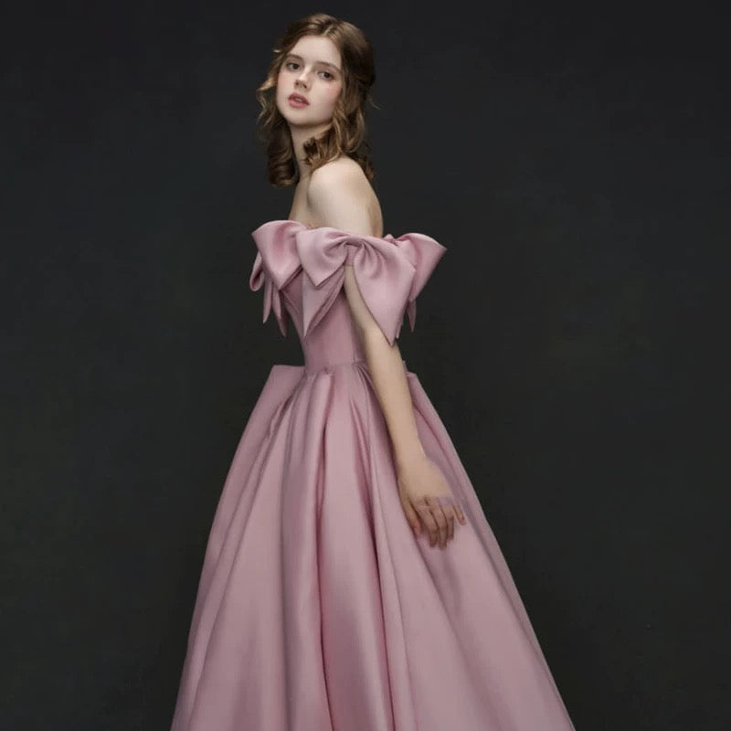 Elegant A line Off The Shoulder Satin Pink Evening Dress Long Prom Dresses HZ1024