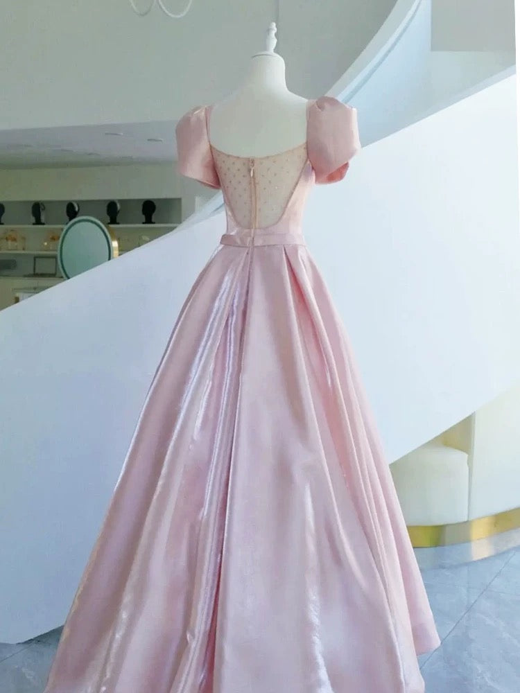 Elegant A line Square Neckline Satin Short Sleeves Pink Evening Dress Long Prom Dresses HZ1024