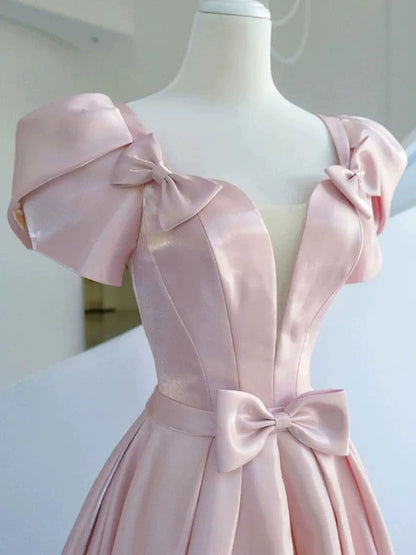 Elegant A line Square Neckline Satin Short Sleeves Pink Evening Dress Long Prom Dresses HZ1024