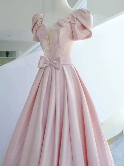 Elegant A line Square Neckline Satin Short Sleeves Pink Evening Dress Long Prom Dresses HZ1024
