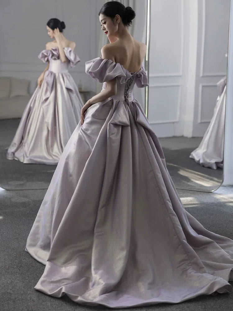 Elegant Ball Gown Off The Shoulder Lilac Short Sleeves Evening Dress Long Prom Dresses HZ1024
