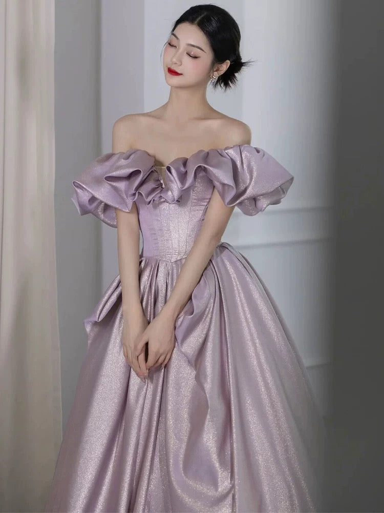Elegant Ball Gown Off The Shoulder Lilac Short Sleeves Evening Dress Long Prom Dresses HZ1024