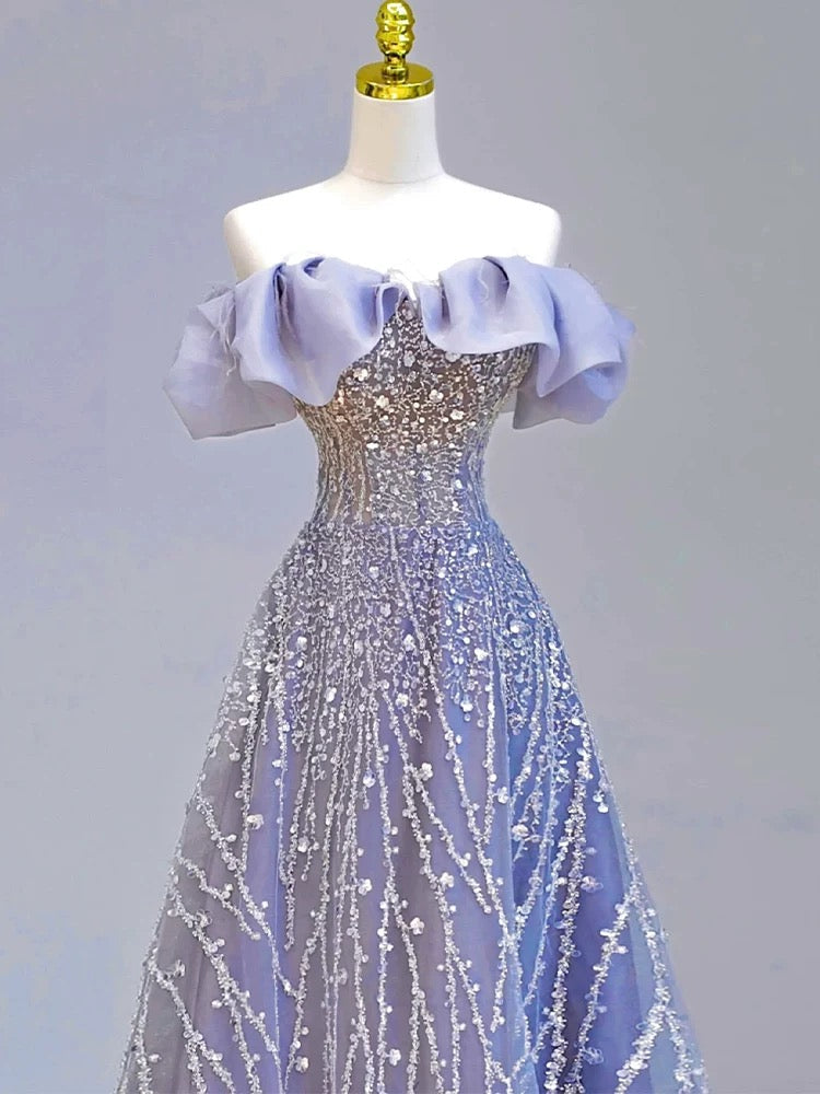Elegant Ball Gown Off The Shoulder Lilac Short Sleeves Sequin Evening Dress Long Prom Dresses HZ1024