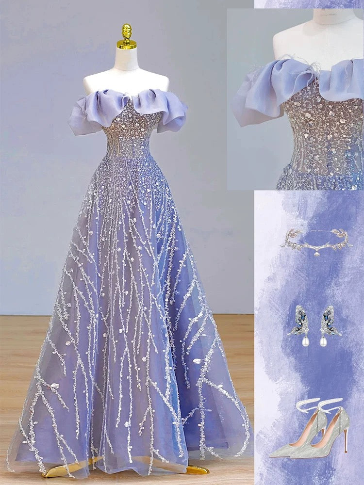 Elegant Ball Gown Off The Shoulder Lilac Short Sleeves Sequin Evening Dress Long Prom Dresses HZ1024
