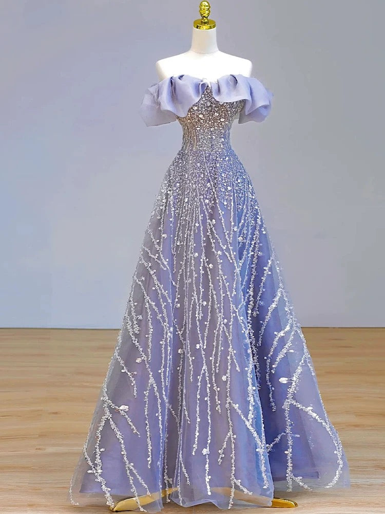 Elegant Ball Gown Off The Shoulder Lilac Short Sleeves Sequin Evening Dress Long Prom Dresses HZ1024