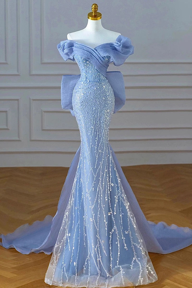 Elegant Mermaid Off The Shoulder Blue Short Sleeves Sequin Evening Dress Long Prom Dresses HZ1024