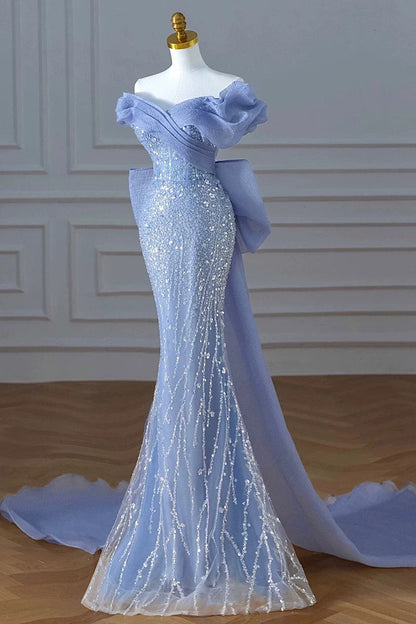 Elegant Mermaid Off The Shoulder Blue Short Sleeves Sequin Evening Dress Long Prom Dresses HZ1024