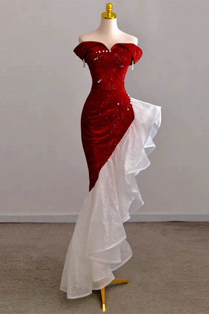 Gorgeous Sheath Off The Shoulder Sequin Red Evening Dress Prom Dresses Birthday Outfits HZ1024