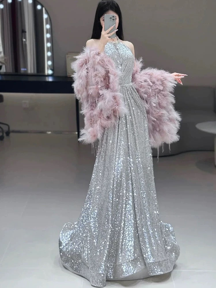 Gorgeous A Line High Neckline Silver Sequin Long Evening Dress Prom Dresses Birthday Outfits HZ1024