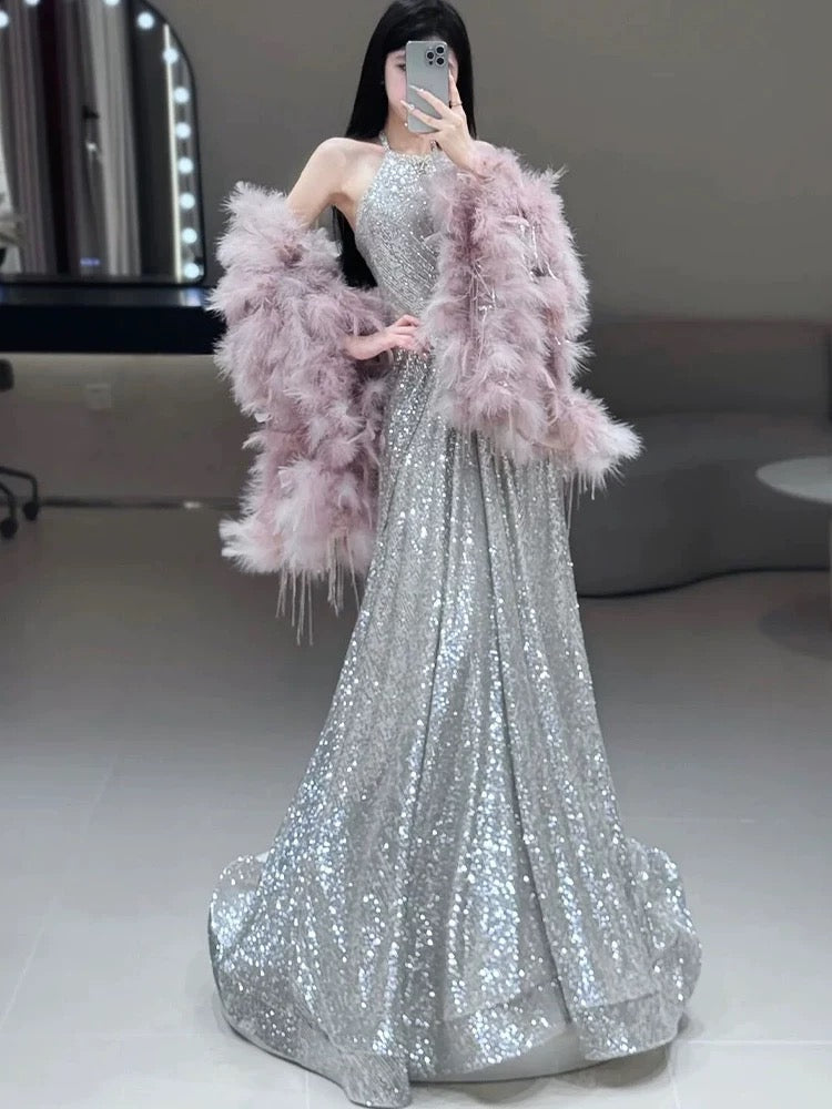 Gorgeous A Line High Neckline Silver Sequin Long Evening Dress Prom Dresses Birthday Outfits HZ1024