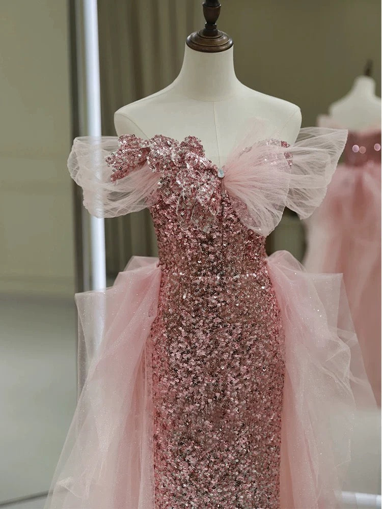 Gorgeous Sheath Off The Shoulder Pink Sequin Long Evening Dress Prom Dresses Birthday Outfits HZ1024